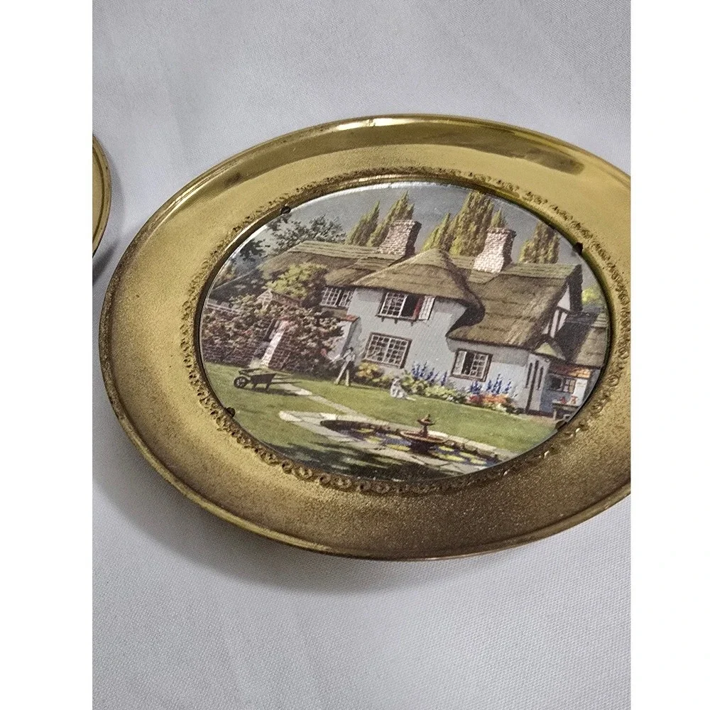2 Vtg foil art brass wall plates England cottagecore countryside old world
